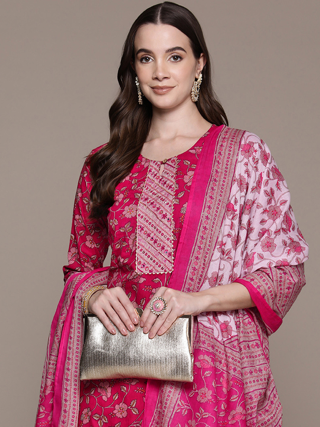 

Readiprint Floral Printed Gotta Patti Pure Cotton Kurta with Trousers & Dupatta, Pink
