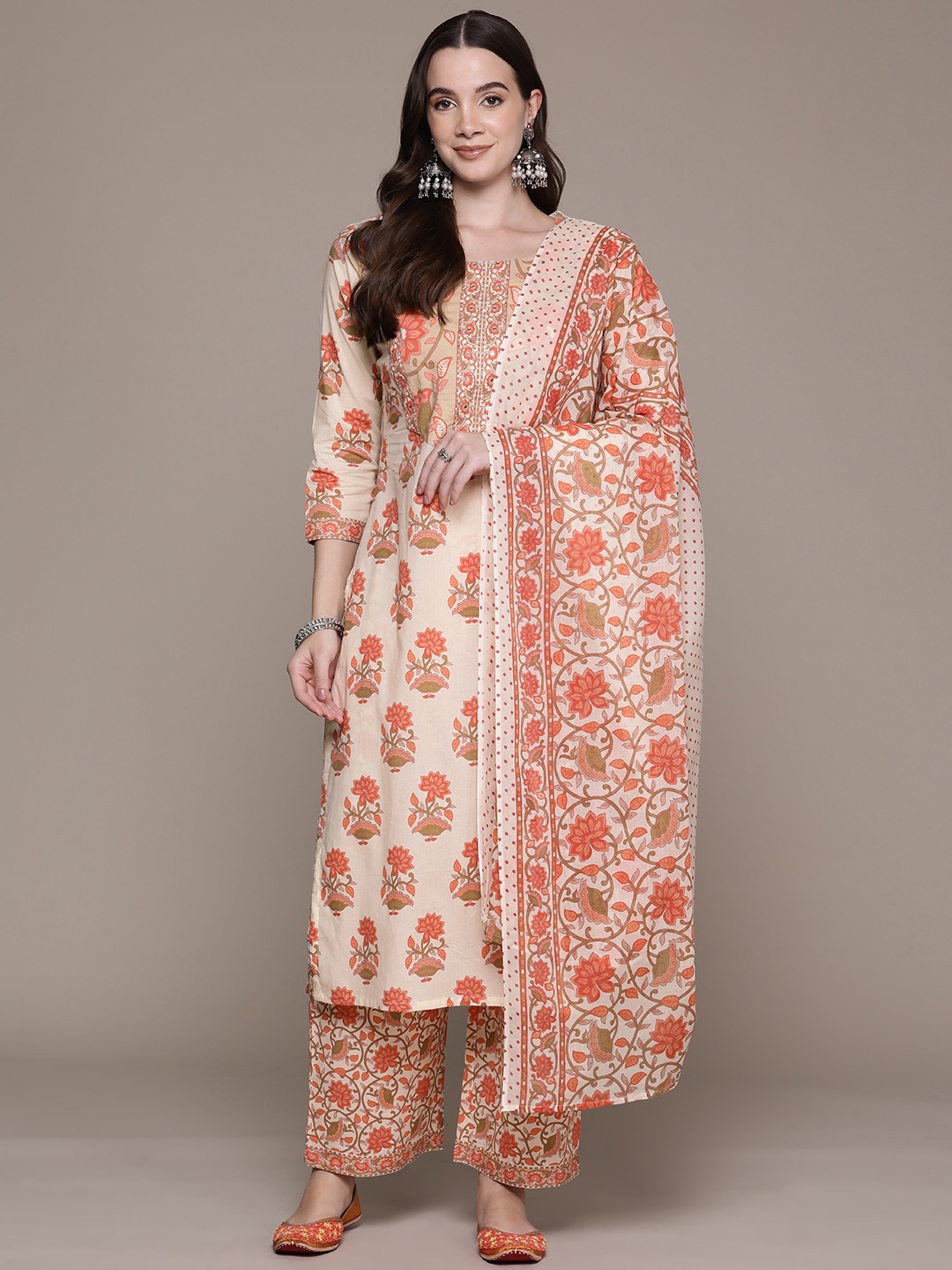 

Readiprint Fashions Floral Sequinned Pure Cotton Kurta with Palazzos & Dupatta, Peach