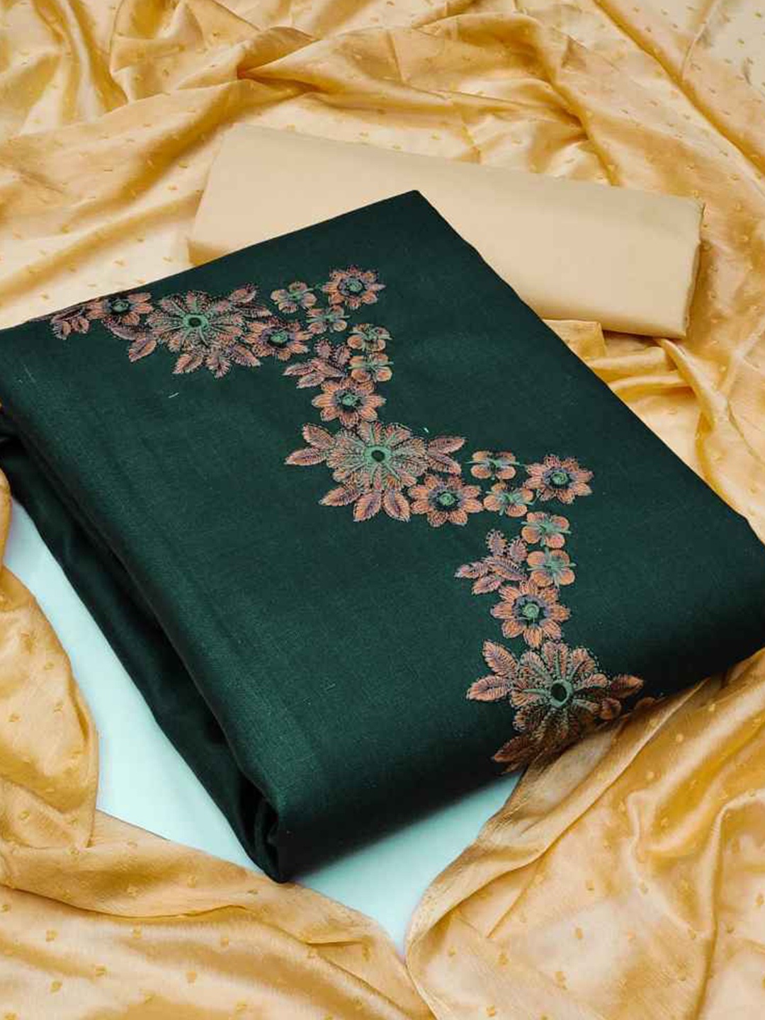 

faxofab Floral Embroidered Thread Work Unstitched Dress Material, Green