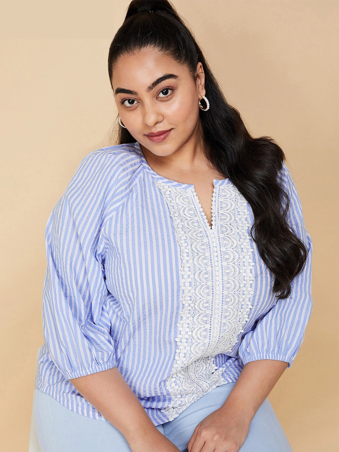 

max Plus Size Striped Round Neck Pure Cotton Top, Blue