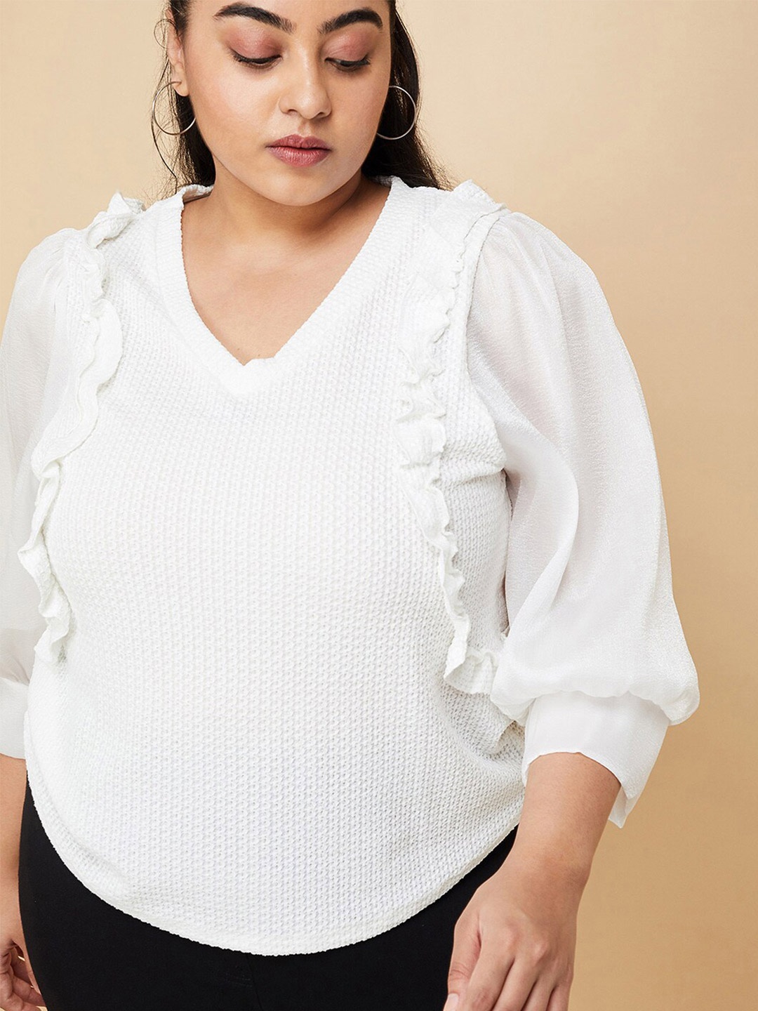 

max Self Design V-Neck Plus Size Cotton Top, White
