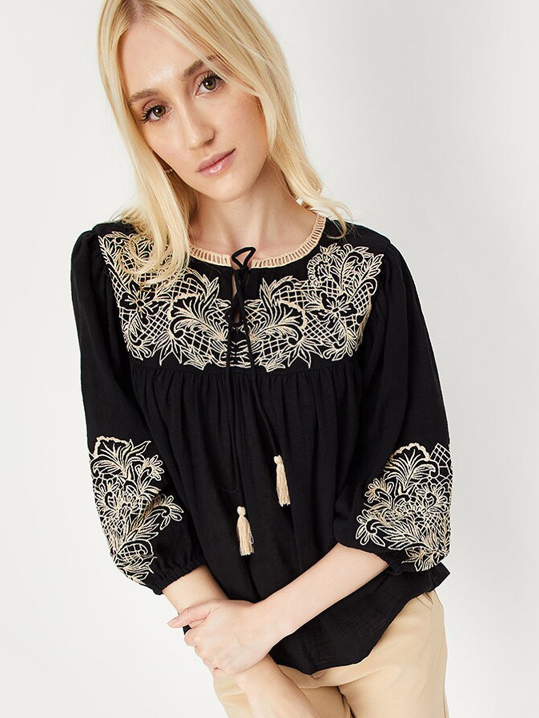 

max Floral Embroidered Pure Cotton Top, Black