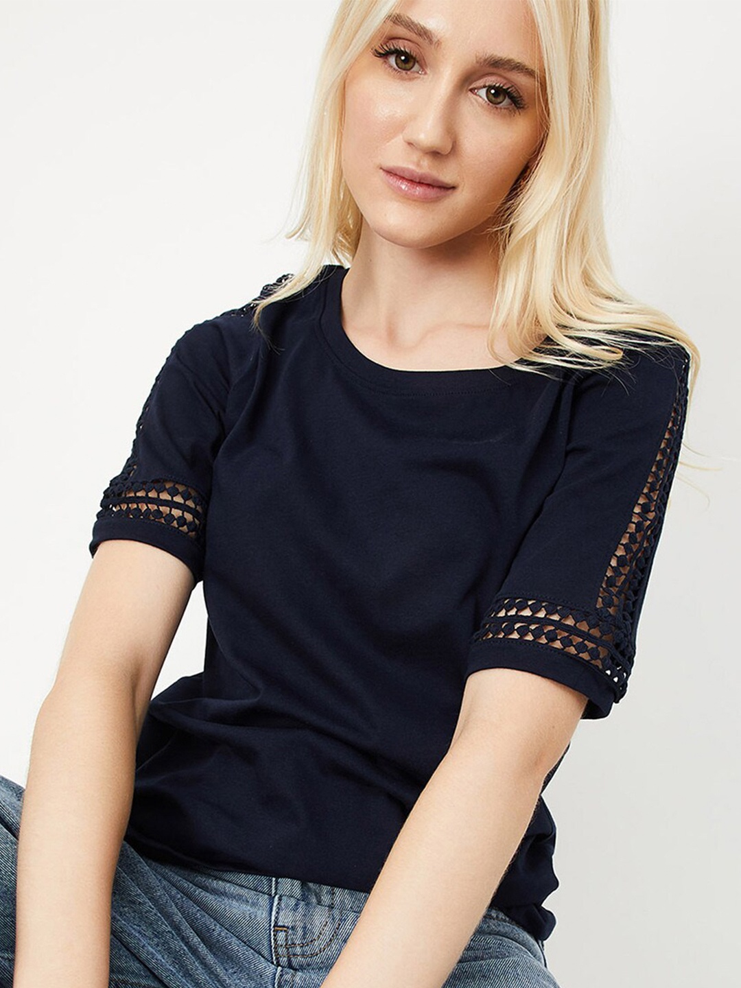 

max Round Neck Pure Cotton Top, Navy blue