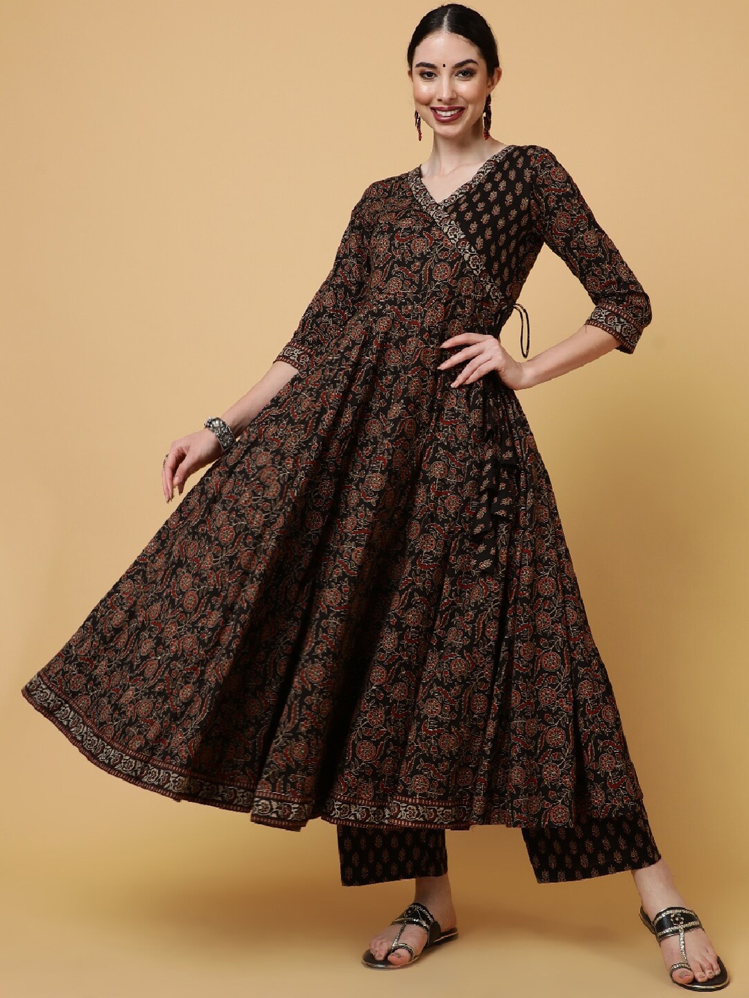 

GULMOHAR JAIPUR Floral Printed Pure Cotton Anarkali Kurta & Palazzos With Dupatta, Black