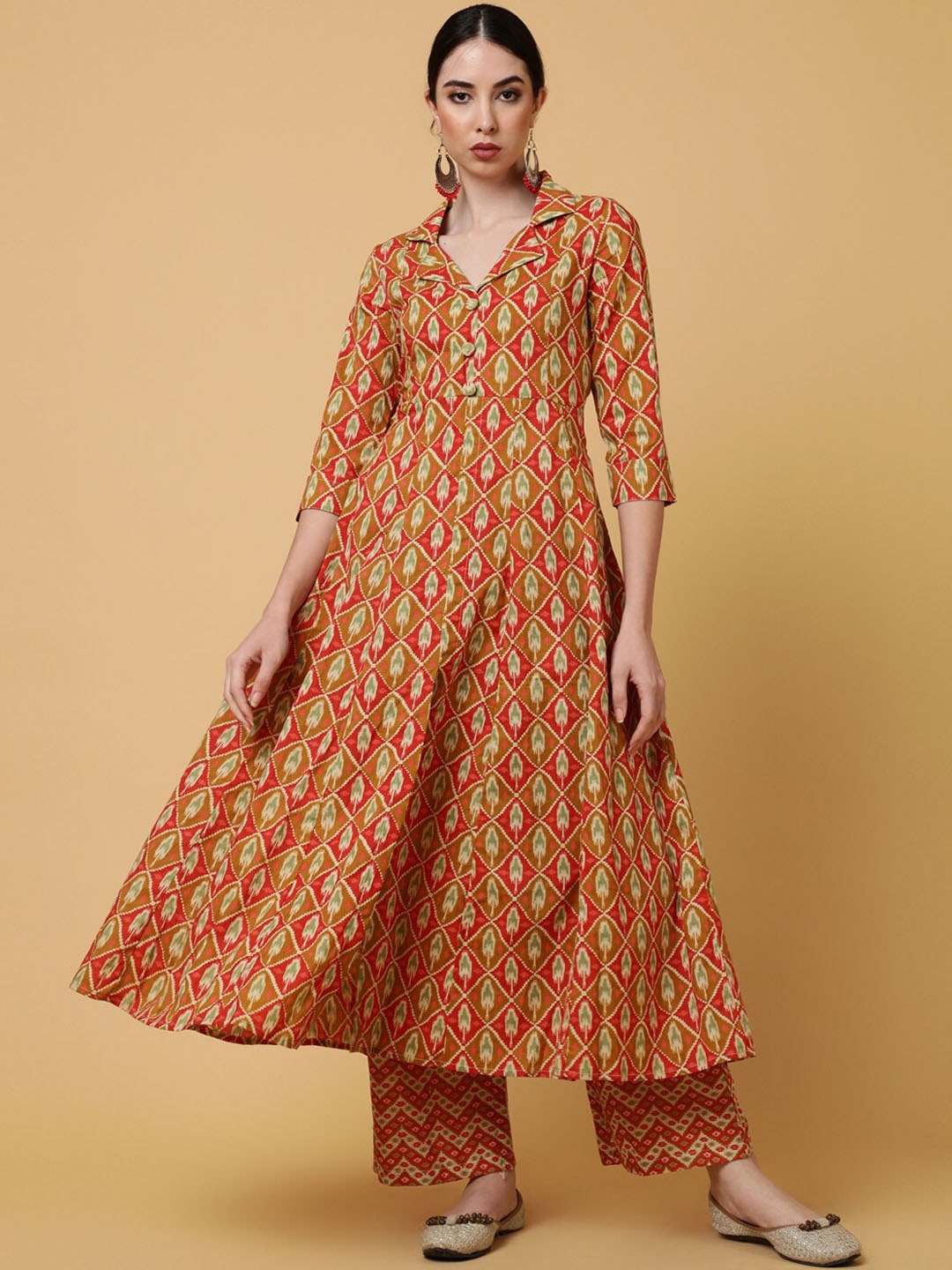

GULMOHAR JAIPUR Ethnic Motifs Printed Pure Cotton A-Line Kurta with Palazzos, Rust