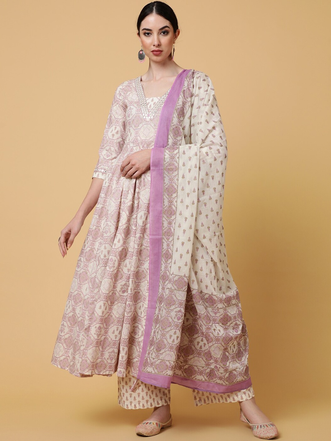 

GULMOHAR JAIPUR Ethnic Motifs Printed Pure Cotton Anarkali Kurta & Palazzo With Dupatta, White