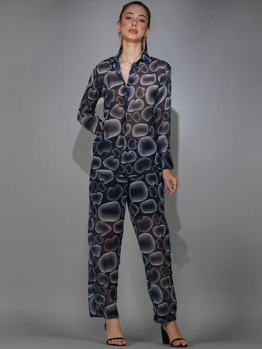 

DELAN Abstract Printed Shirt & Flared Trouser Co-Ords, Grey