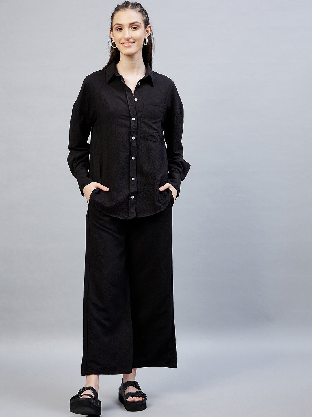 

DELAN Pure Cotton Shirt & Flared Trouser Co-Ords, Black
