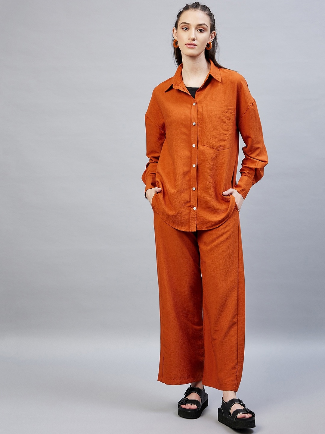 

DELAN Pure Cotton Shirt With Trousers Co-Ords, Rust
