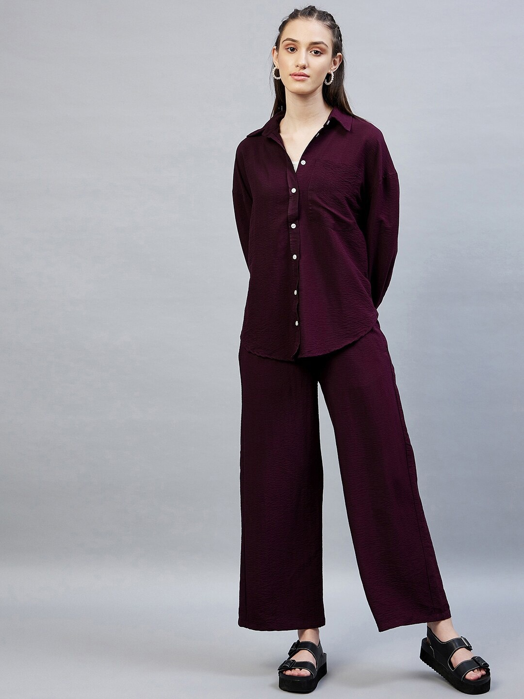 

DELAN Pure Cotton Shirt Collar Neck Shirt & Flared Trouser Co-Ords, Maroon