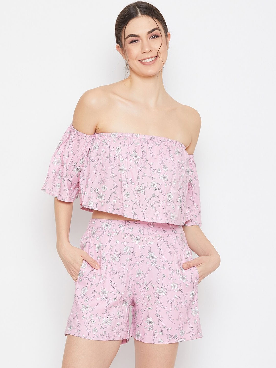 

DELAN Printed Pure Cotton Top With Shorts Co-Ords, Pink