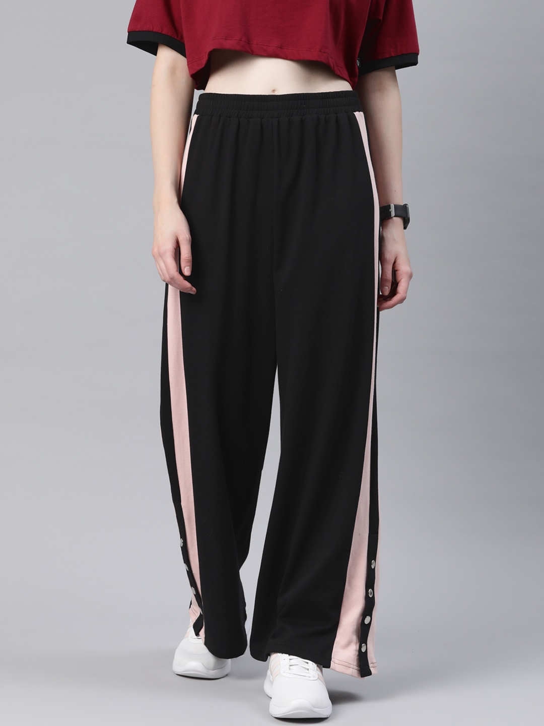 

Laabha Women Striped Flared Track Pants, Black