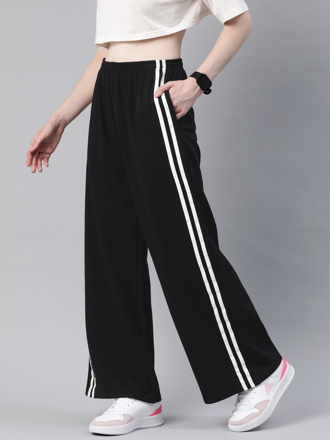 

Laabha Women Striped Flared Track Pants, Black