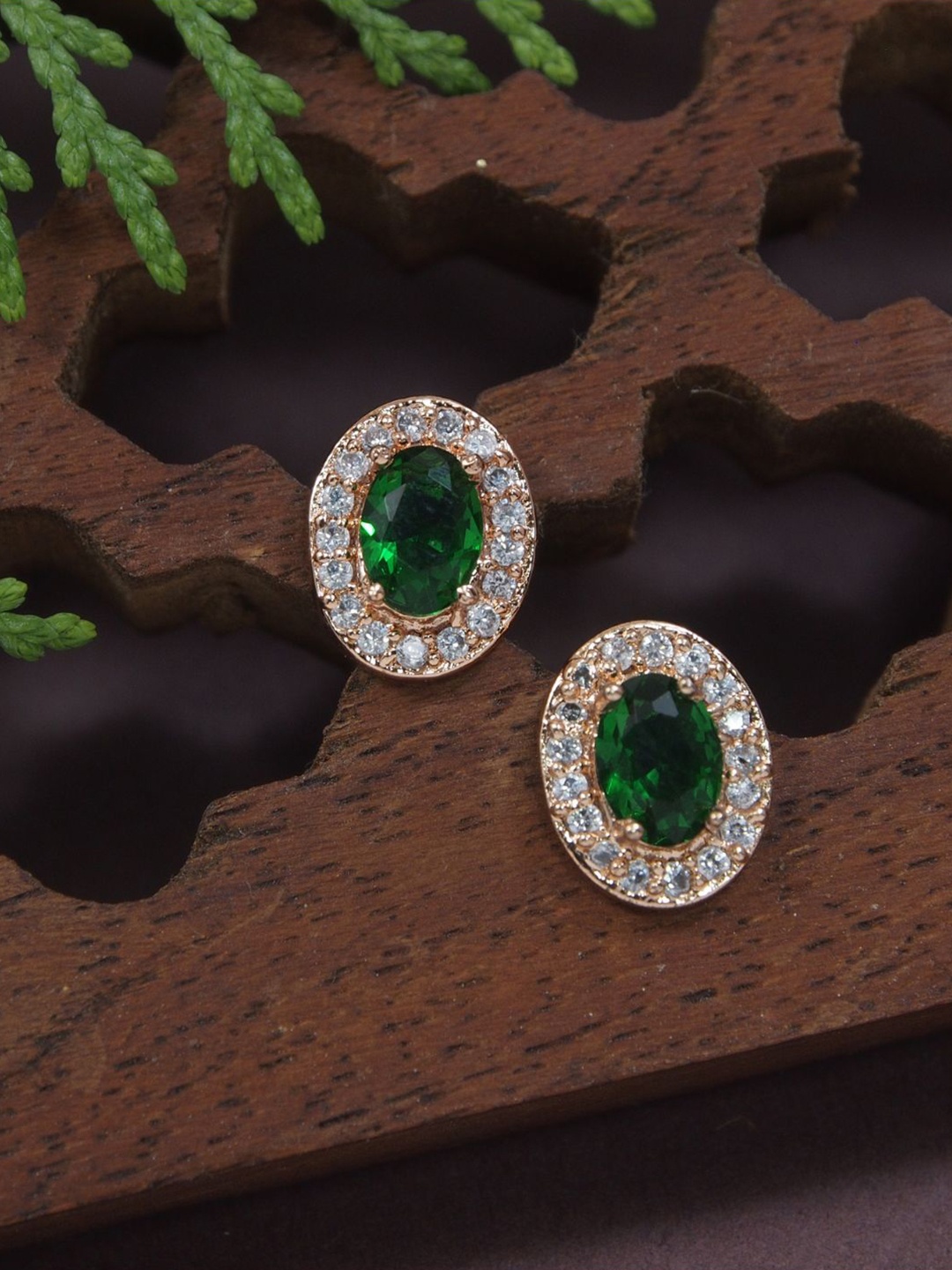 

I Jewels Rose Gold-Plated Contemporary Studs Earrings, Green