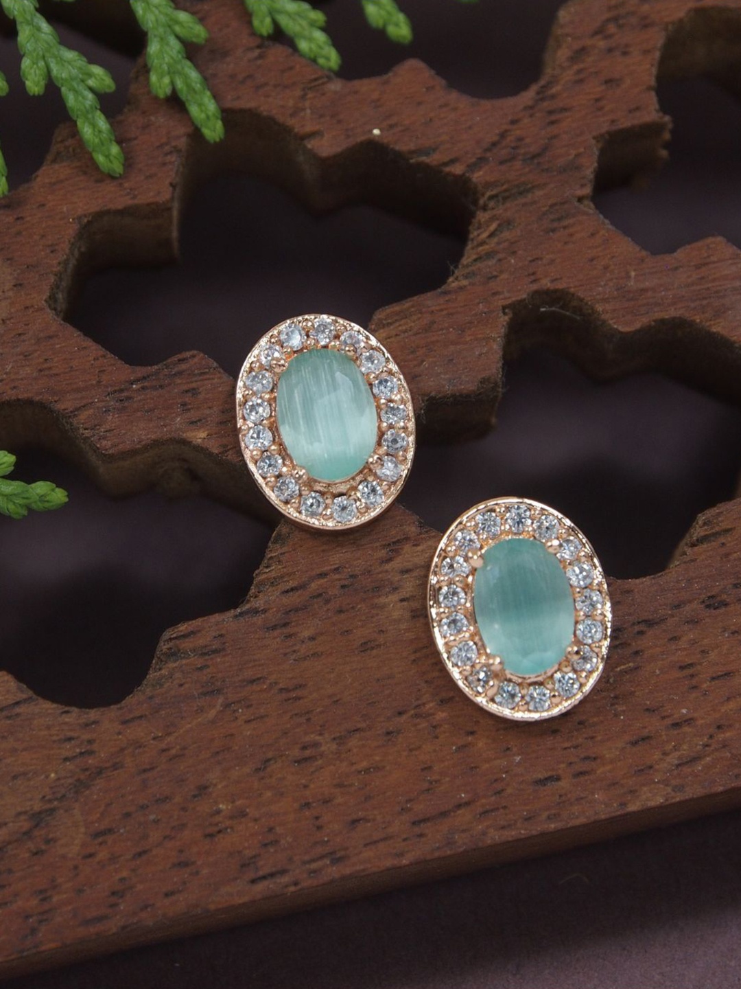 

I Jewels Rose Gold-Plated Contemporary Studs Earrings, Sea green