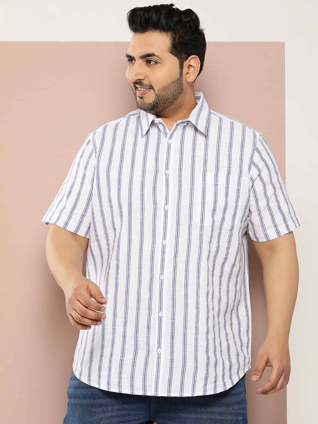 

Sztori Men Plus Size Striped Casual Shirt, White