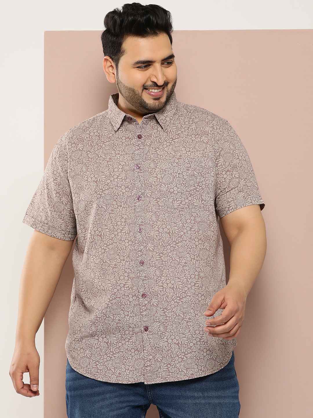 

Sztori Men Plus Size Floral Printed Casual Shirt, Mauve