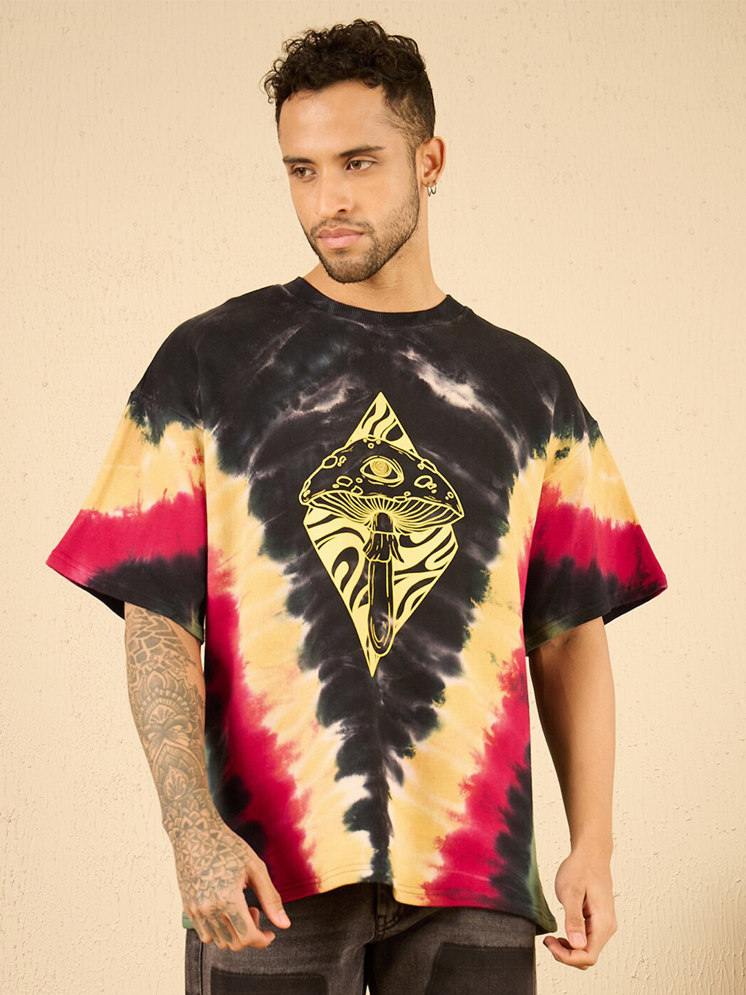 

FUGAZEE Black Printed Extended Sleeves Oversized Cotton T-shirt
