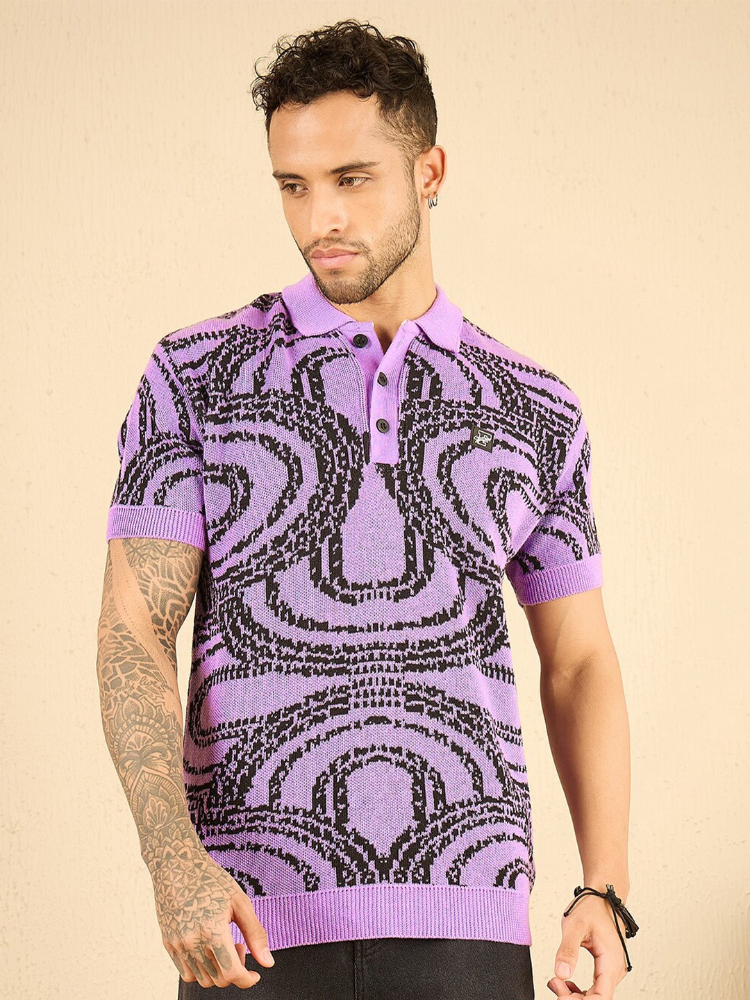 

FUGAZEE Men Abstract Printed Polo Collar T-shirt, Purple