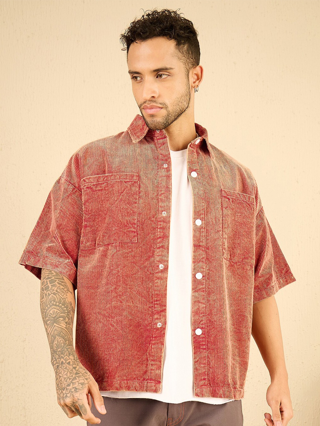 

FUGAZEE Relaxed Opaque Corduroy Drop Shoulder Oversized Casual Shirt, Rust