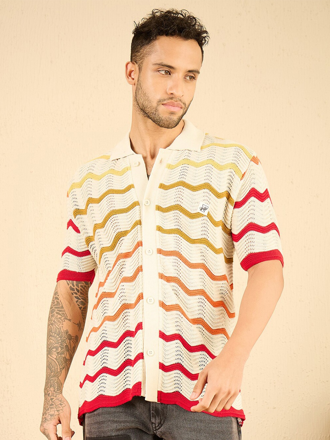 

FUGAZEE Relaxed Semi Sheer Printed Cotton Casual Crochet Shirt, Off white