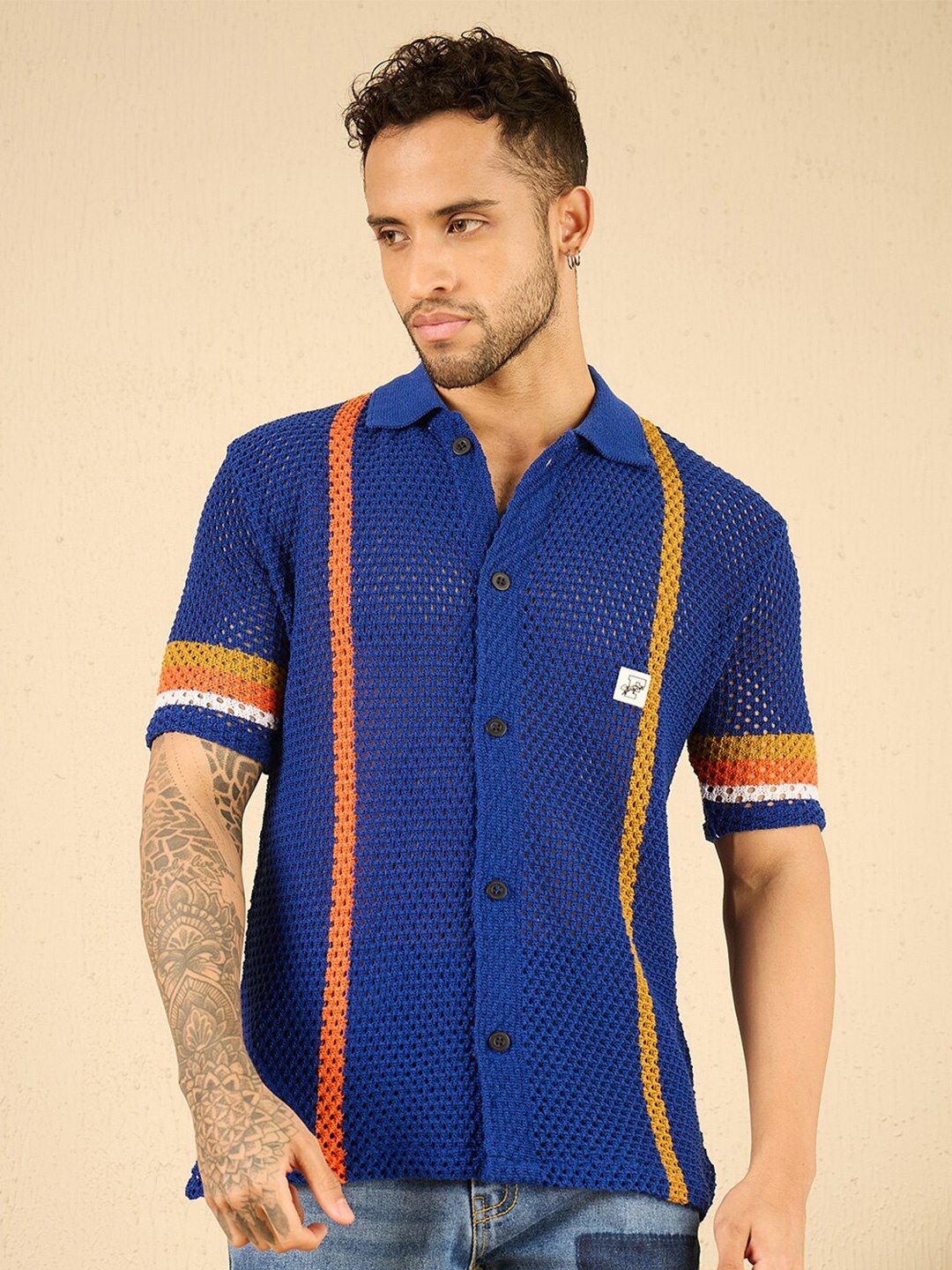 

FUGAZEE Men Relaxed Semi Sheer Printed Cotton Casual Crochet Shirt, Blue