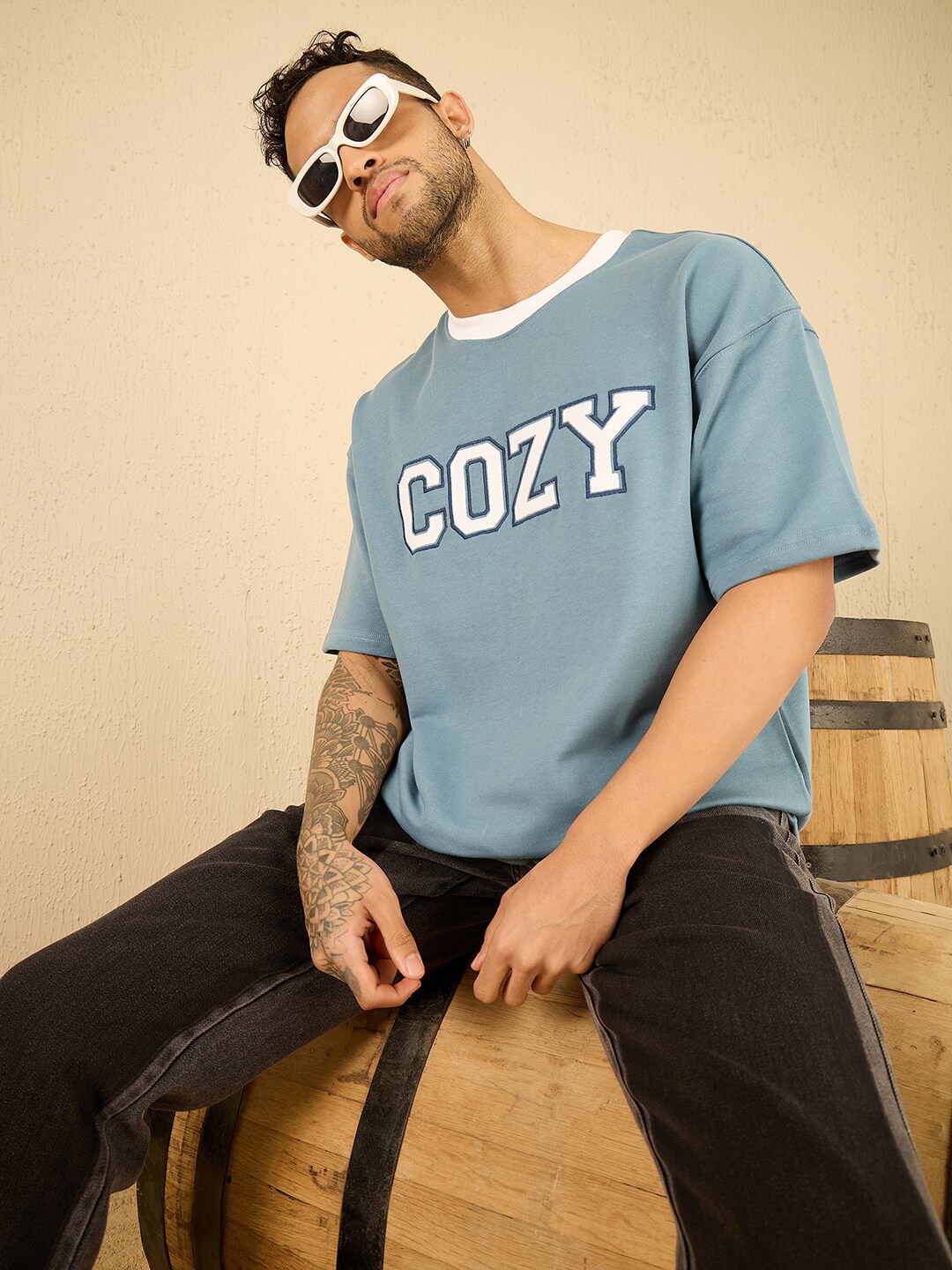 

FUGAZEE Round Neck Typography Printed Oversized T-shirt, Teal