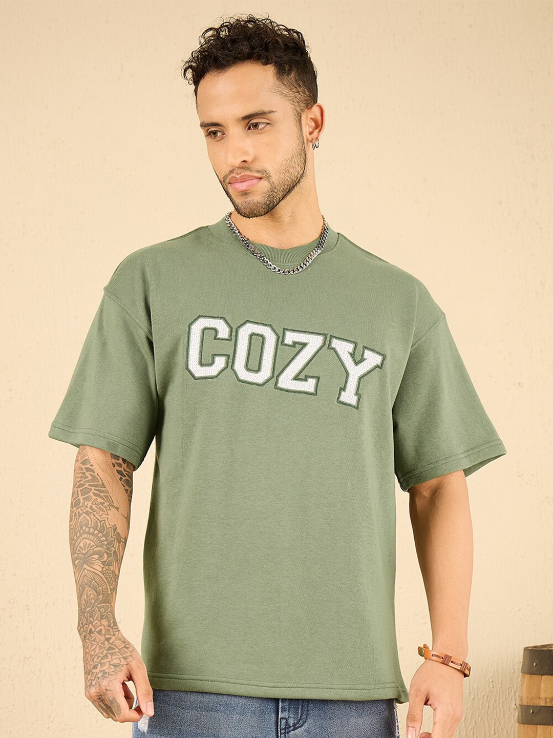 

FUGAZEE Green Typography Cotton Oversized T-shirt