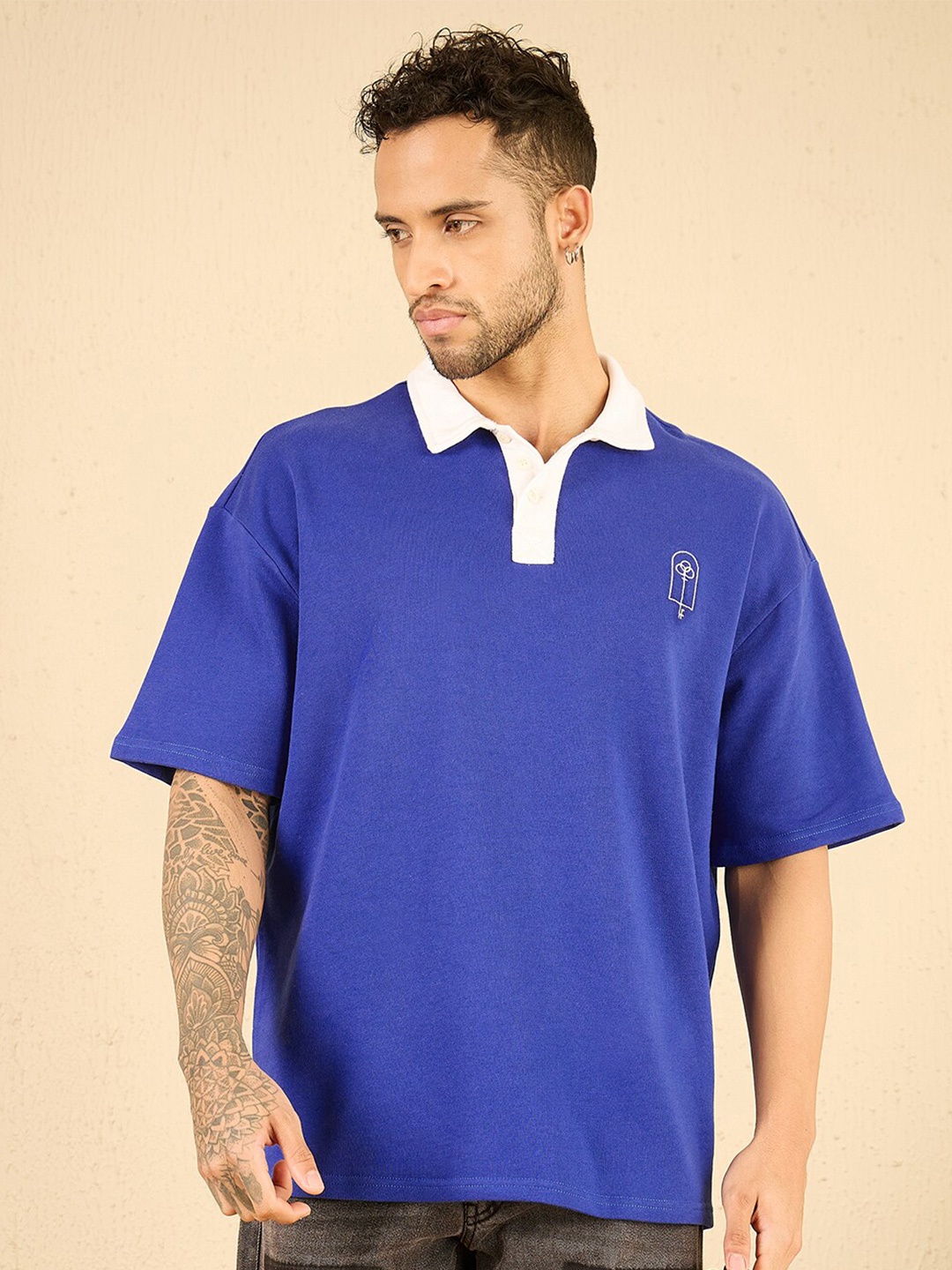 

FUGAZEE Blue Cotton Oversized Polo Collar T-shirt