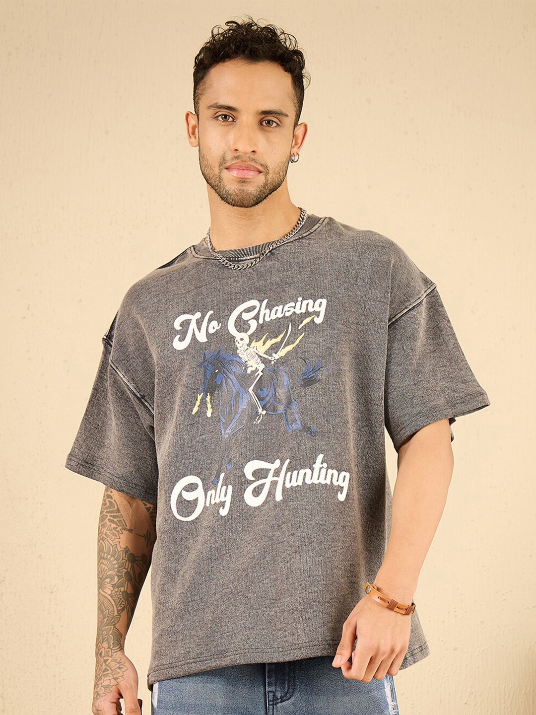 

FUGAZEE Grey Typography Printed Cotton Oversized T-shirt