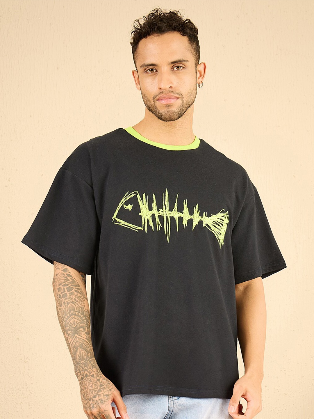 

FUGAZEE Navy Blue Printed Cotton Oversized T-shirt