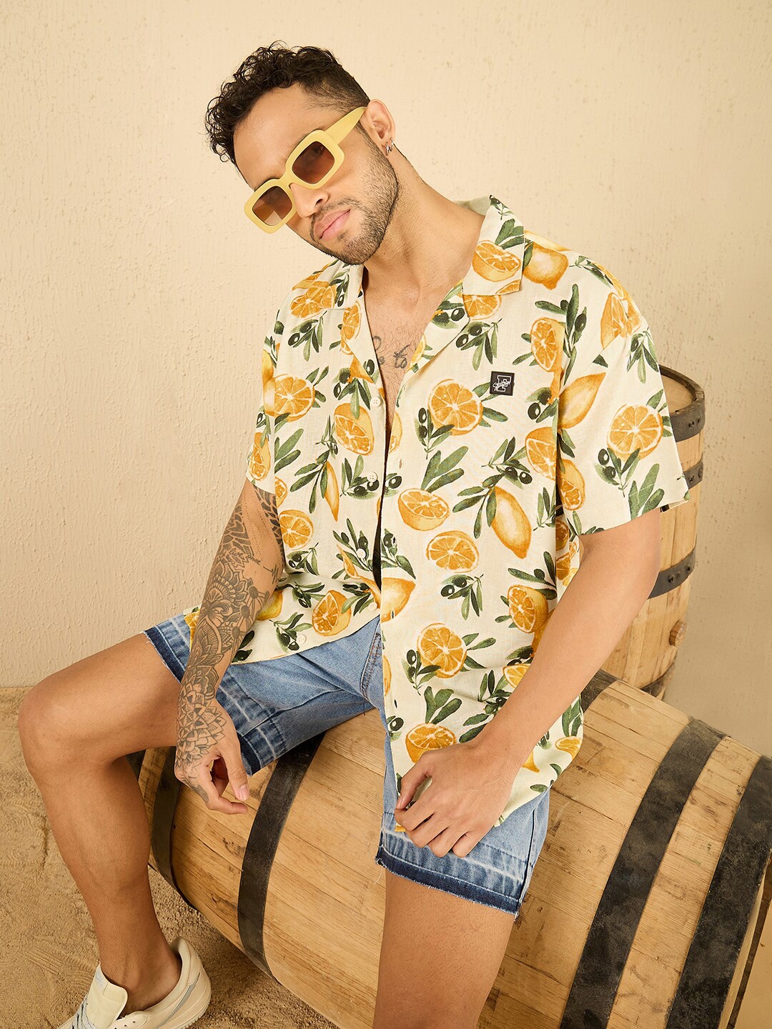 

FUGAZEE Relaxed Floral Printed Cuban Collar Linen Oversized Casual Shirt, Yellow