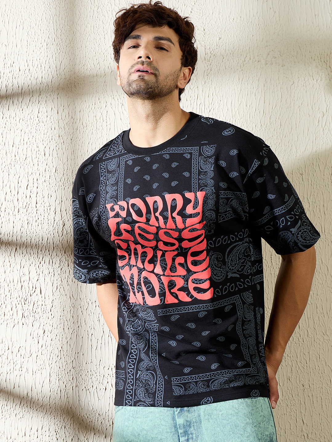 

FUGAZEE Round Neck Typography Printed Oversized T-shirt, Black