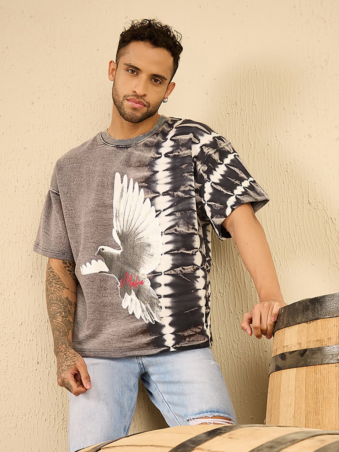 

FUGAZEE Round Neck Graphic Printed Oversized T-shirt, Grey