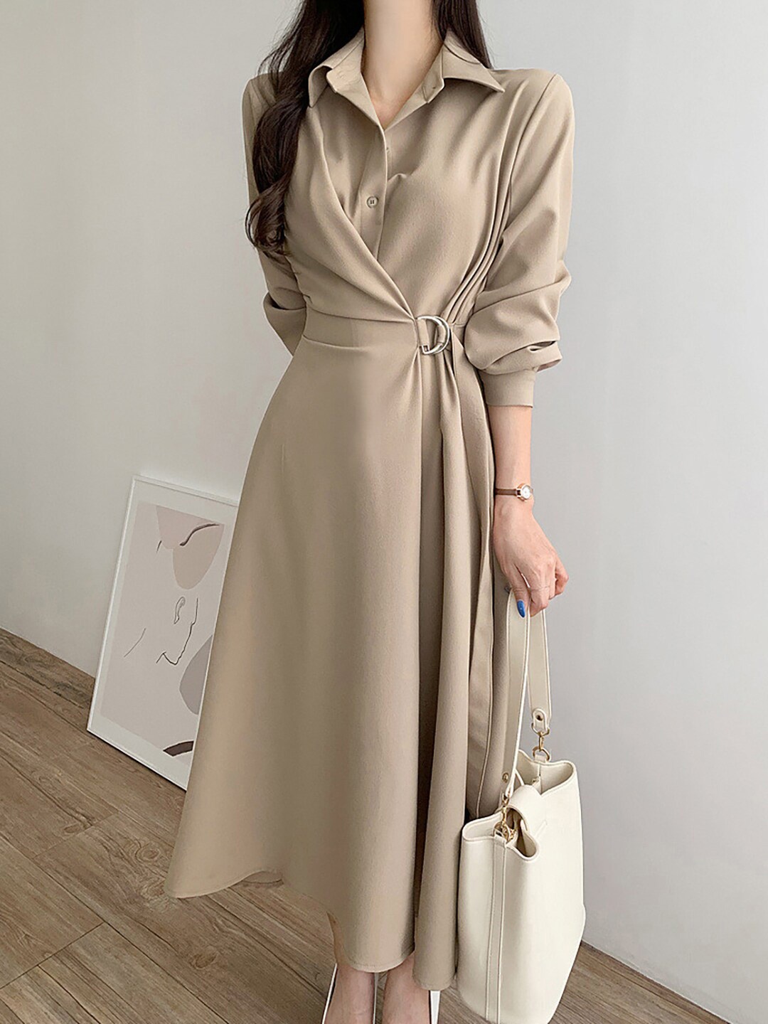 

JC Mode Shirt Collar Opaque Asymmetric Wrap Dress, Beige