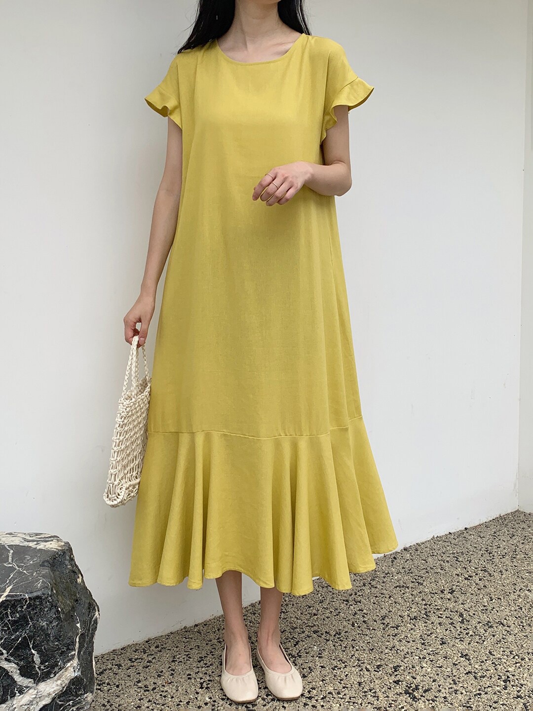 

JC Mode Round Neck Opaque A-Line Midi Dress, Yellow