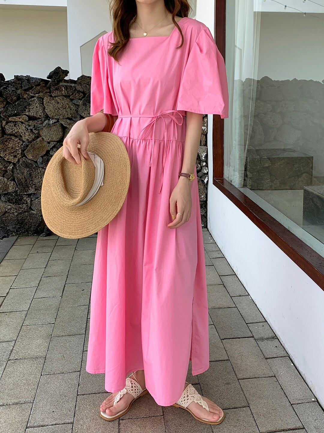 

JC Mode Round Neck Flared Sleeve Maxi Dress, Pink