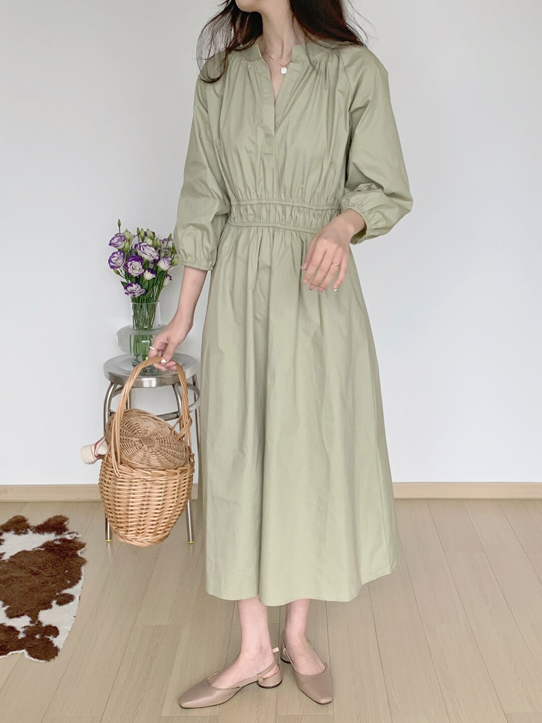 

JC Mode Puff Sleeve Shirt Midi Dress, Green