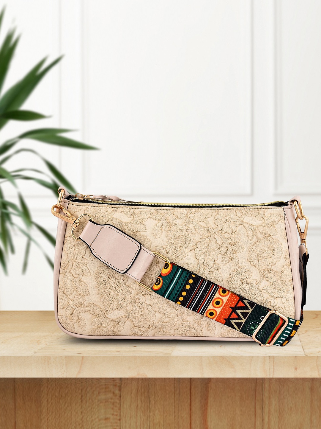 

DressBerry Cream-Coloured Floral Embellished Structured Sling Bag