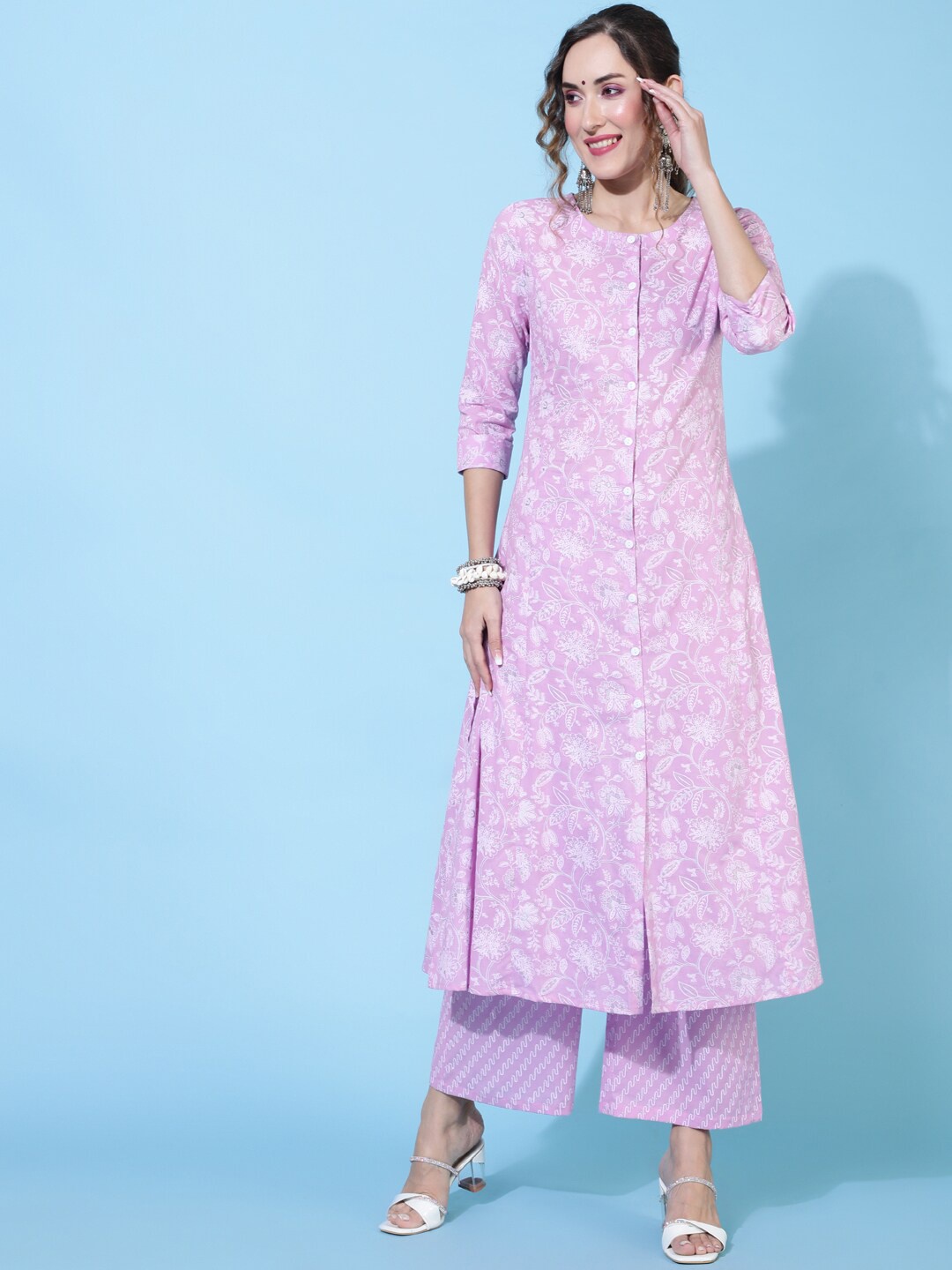 

GULMOHAR JAIPUR Floral Printed Round Neck Kurta with Trousers, Lavender