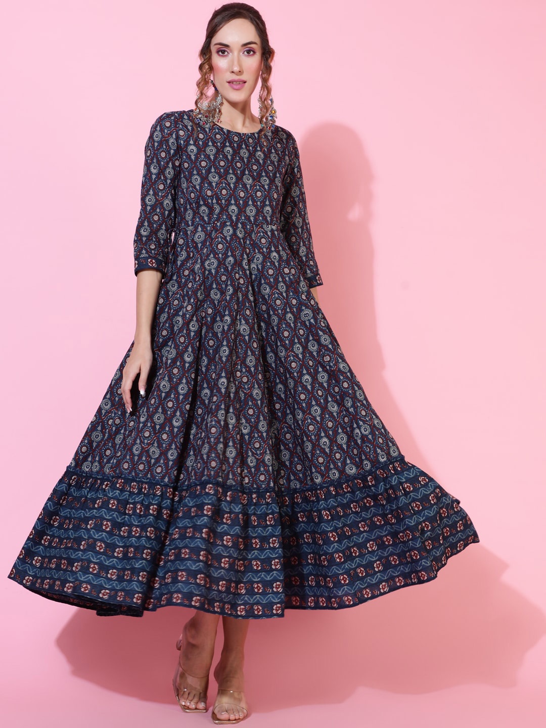 

GULMOHAR JAIPUR Ethnic Motifs Printed Cotton Fit & Flare Midi Dress, Navy blue