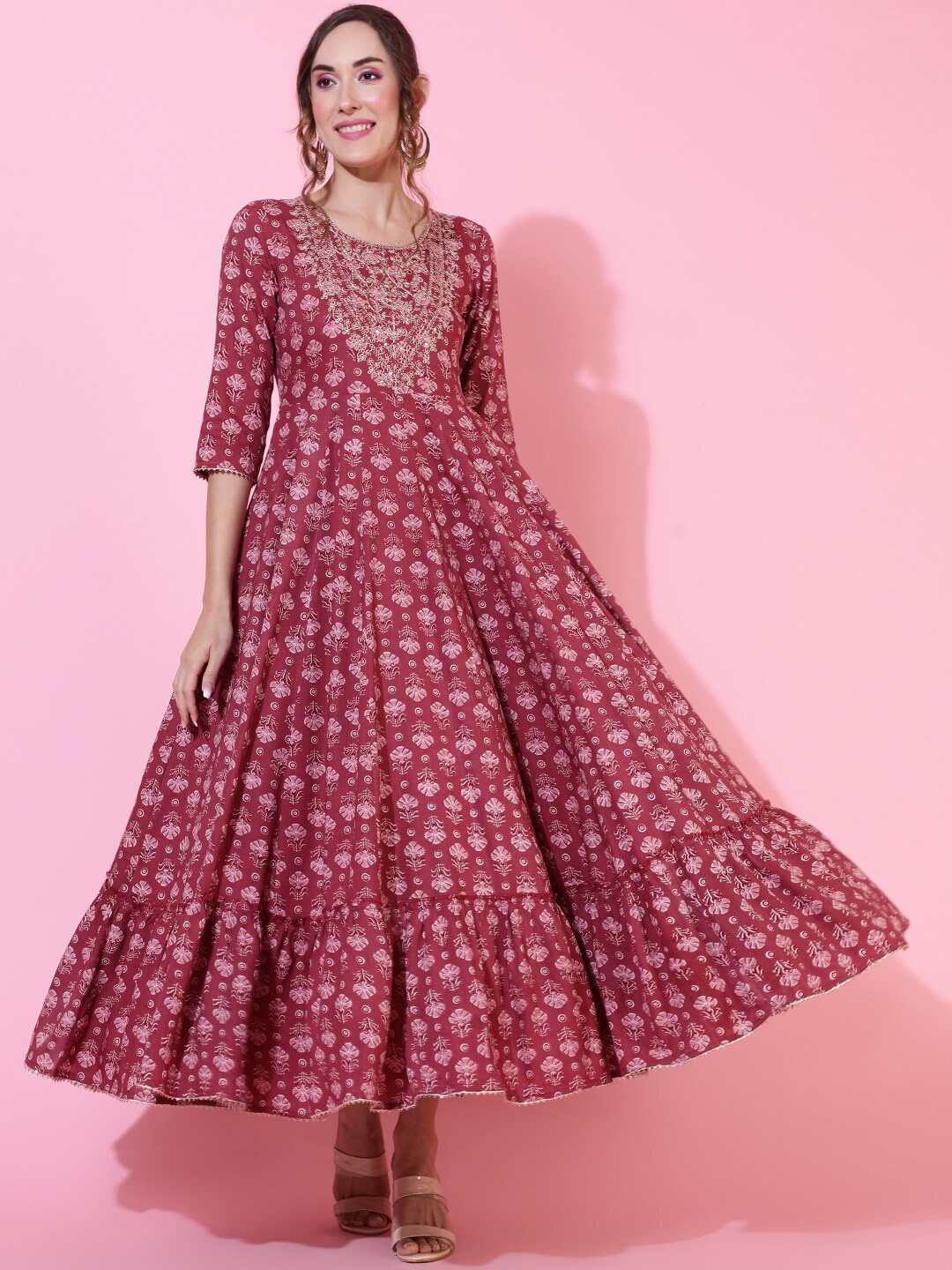 

GULMOHAR JAIPUR Floral Printed Maxi Fit and Flare Ethnic Dress, Magenta