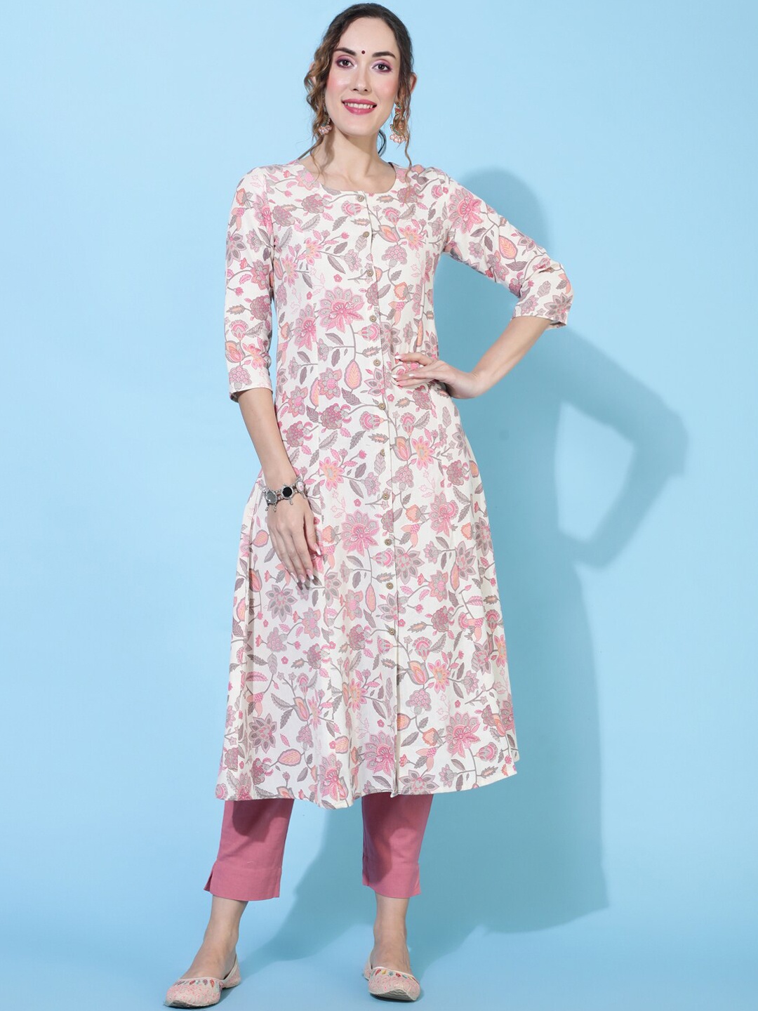 

GULMOHAR JAIPUR Ethnic Motifs Printed Cotton Straight Kurta, Cream