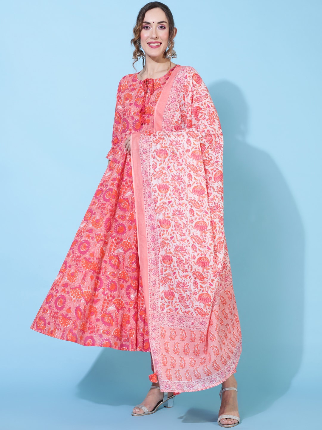 

GULMOHAR JAIPUR Ethnic Motifs Printed Pure Cotton Anarkali Kurta & Trousers With Dupatta, Peach