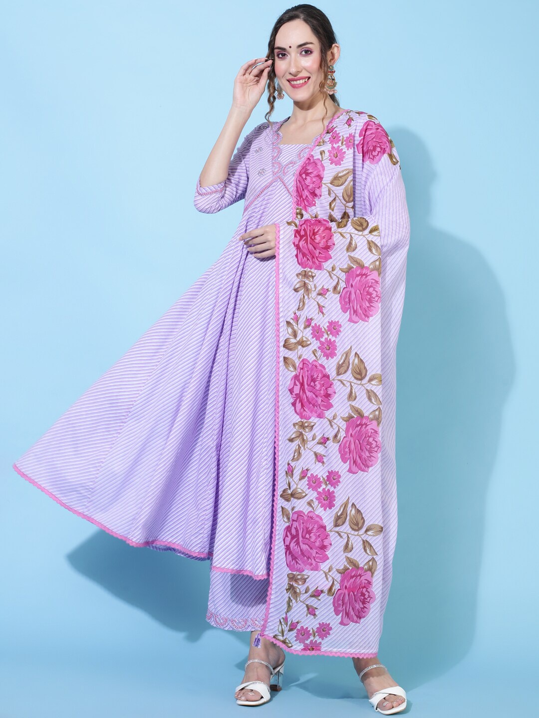 

GULMOHAR JAIPUR Floral Printed Pure Cotton Anarkali Kurta & Palazzos With Dupatta, Lavender