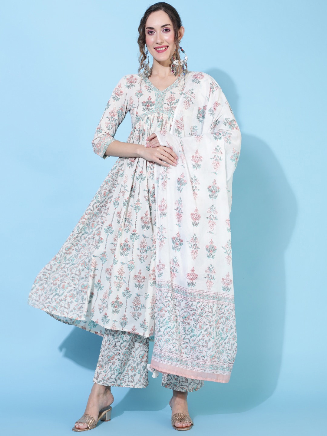 

GULMOHAR JAIPUR Ethnic Motifs Printed Pure Cotton Anarkali Kurta & Trouser With Dupatta, White