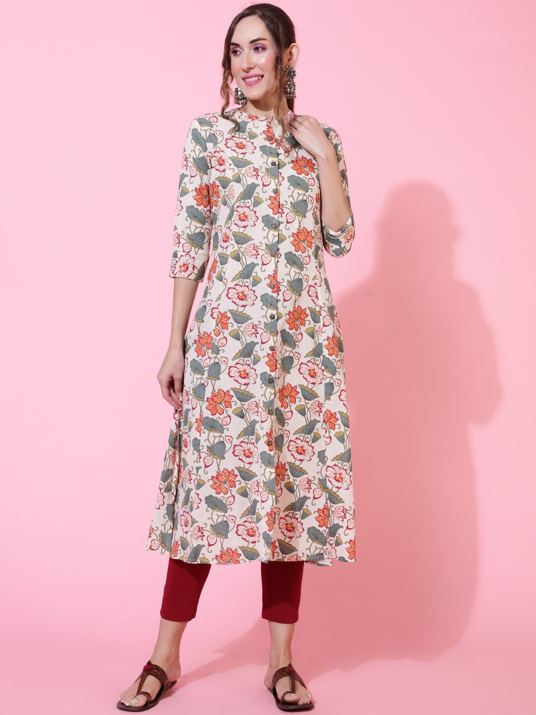 

GULMOHAR JAIPUR Ethnic Motifs Printed Cotton A-Line Kurta, White