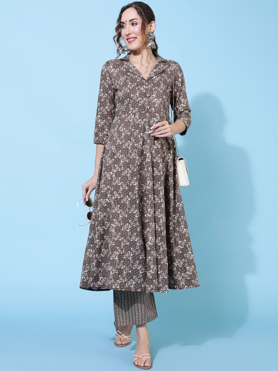 

GULMOHAR JAIPUR Floral Printed Shirt Collar Pure Cotton Anarkali Kurta with Trousers, Brown