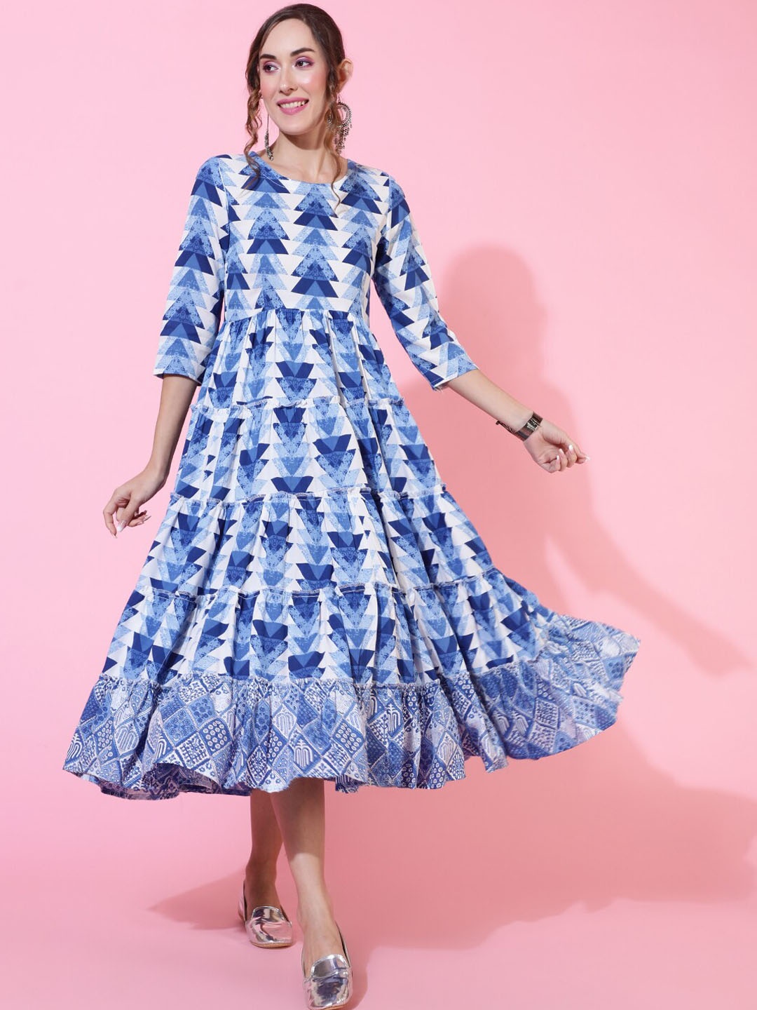 

GULMOHAR JAIPUR Geometric Printed Fit & Flare Midi Dress, Blue