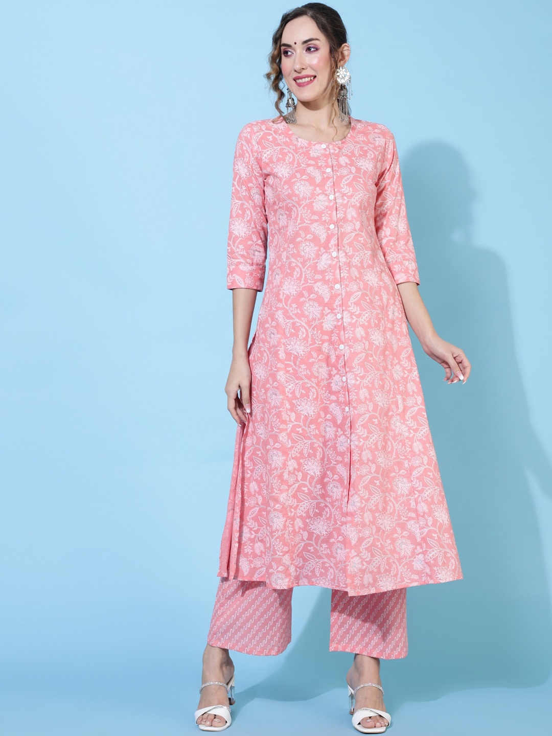 

GULMOHAR JAIPUR Floral Printed Round Neck Kurta with Trousers, Peach